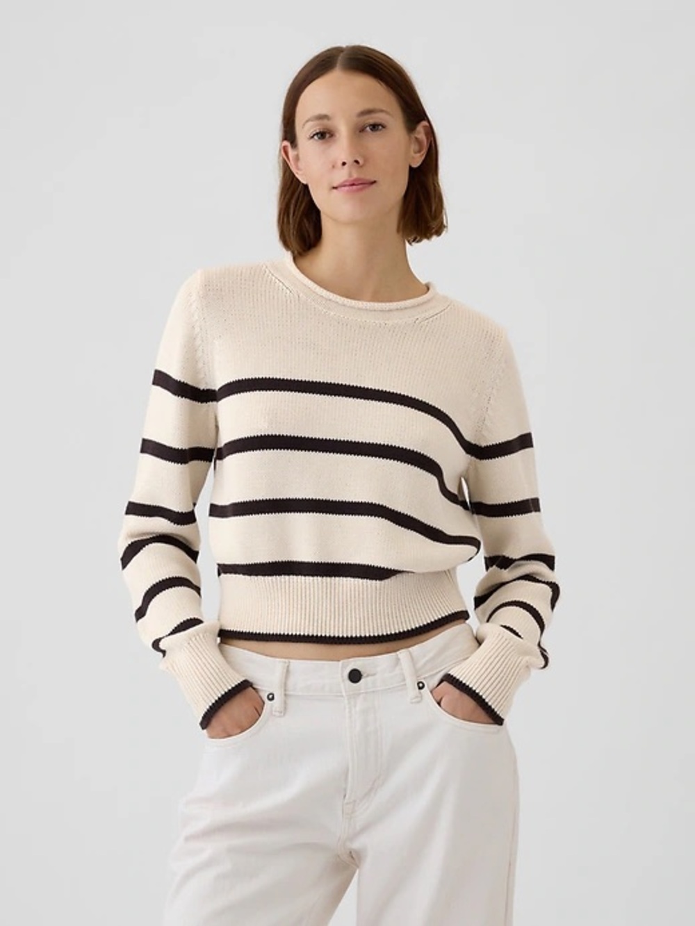 GAP Shrunken Cotton Roll Neck Sweater brown and cream striped M tall